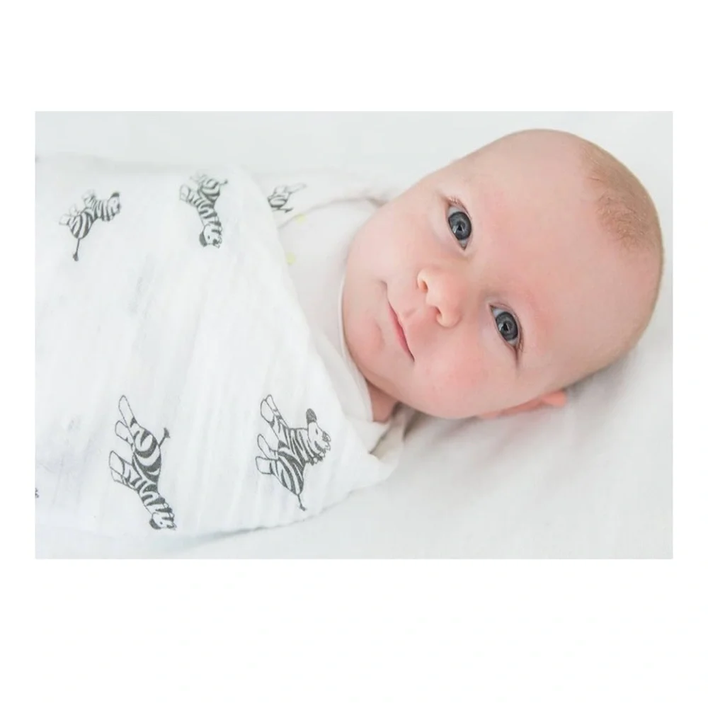 AMAZING BABY Zebra Print White Muslin Newborn Swaddle Cotton Blanket